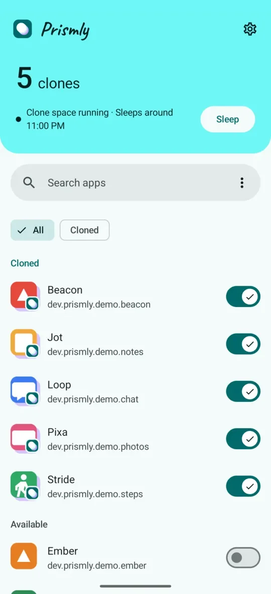 Prismly home screen listing five cloned apps